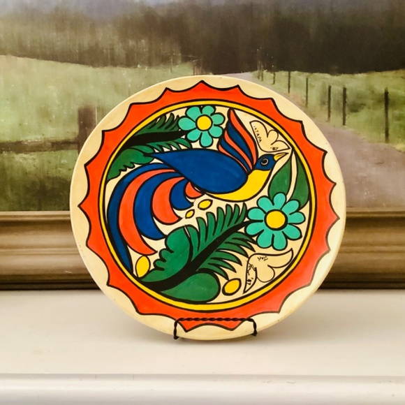Mestizo Folk Art Tonala Mexican Hand painted Platter Florals Bird Ixtapa 1987 - Picture 14 of 14